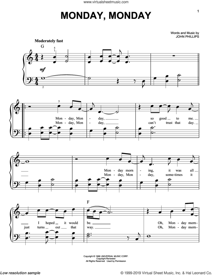 Monday, Monday sheet music for piano solo by The Mamas & The Papas and John Phillips, easy skill level
