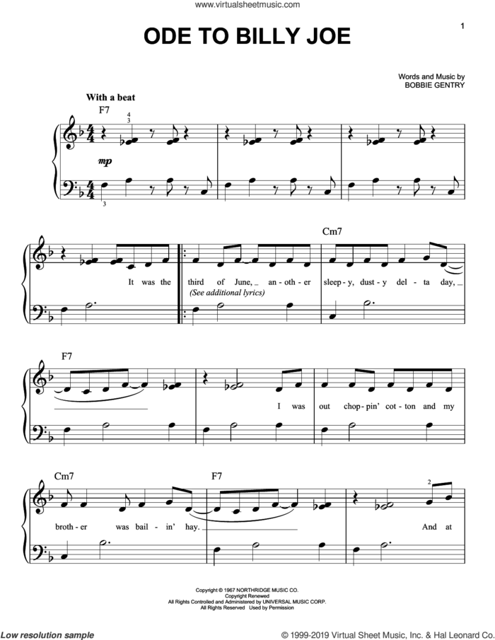 Ode To Billy Joe sheet music for piano solo by Bobbie Gentry, easy skill level