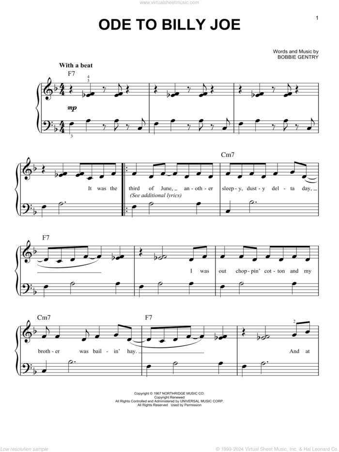 Ode To Billy Joe sheet music for piano solo by Bobbie Gentry, easy skill level