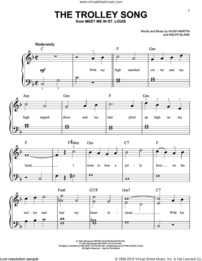 The Trolley Song (from Meet Me In St. Louis) sheet music for piano solo by Judy Garland, Hugh Martin and Ralph Blane, easy skill level