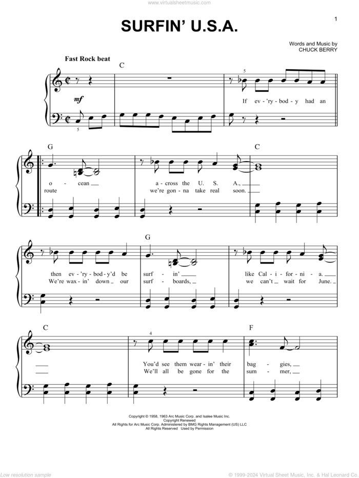 Surfin' U.S.A. sheet music for piano solo by The Beach Boys and Chuck Berry, easy skill level