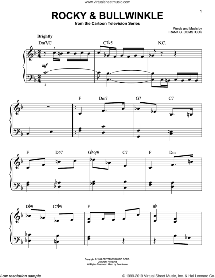 Rocky and Bullwinkle, (easy) sheet music for piano solo by Frank Comstock, easy skill level