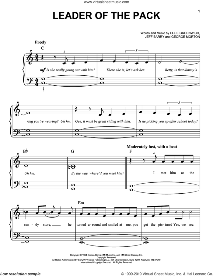 Leader Of The Pack sheet music for piano solo by The Shangri-Las, Ellie Greenwich, George Morton and Jeff Barry, easy skill level