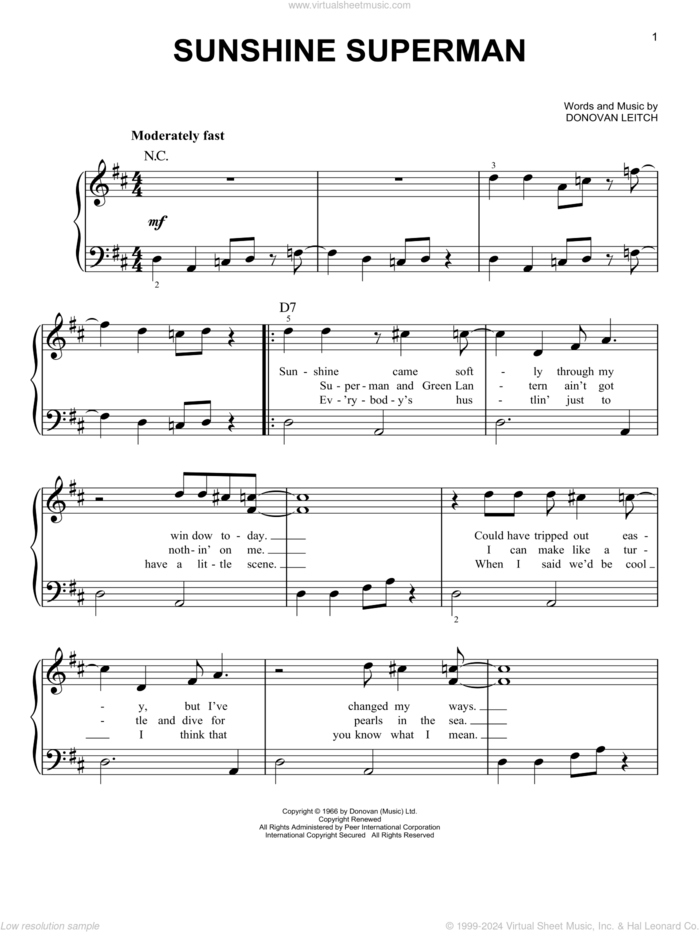 Sunshine Superman sheet music for piano solo by Walter Donovan and Donovan Leitch, easy skill level