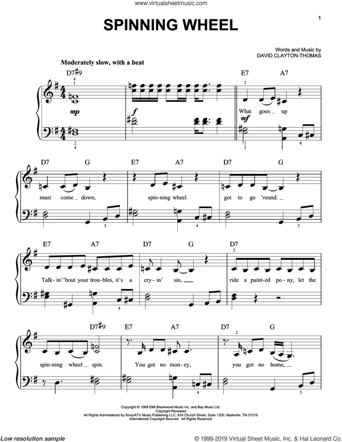 Spinning Wheel sheet music for piano solo by Blood, Sweat & Tears and David Clayton-Thomas, easy skill level