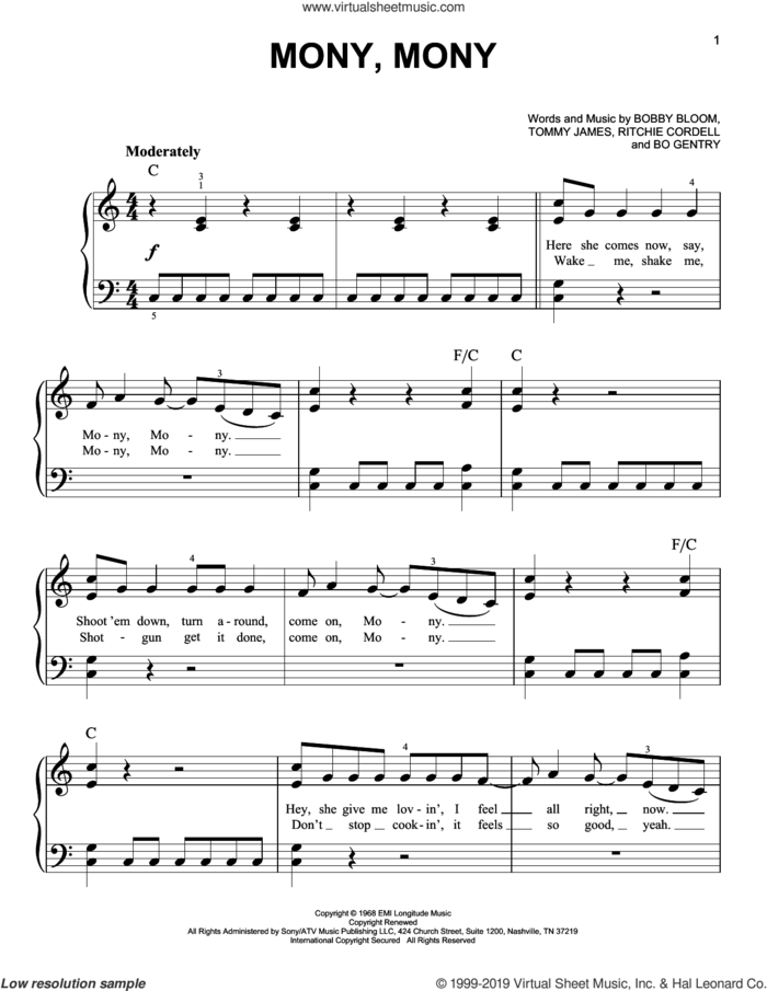 Mony, Mony sheet music for piano solo by Tommy James & The Shondells, Billy Idol, Bo Gentry, Bobby Bloom, Ritchie Cordell and Tommy James, easy skill level