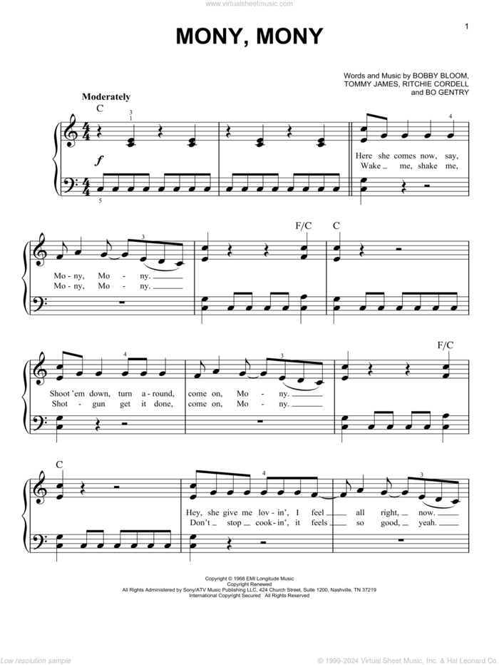 Mony, Mony sheet music for piano solo by Tommy James & The Shondells, Billy Idol, Bo Gentry, Bobby Bloom, Ritchie Cordell and Tommy James, easy skill level