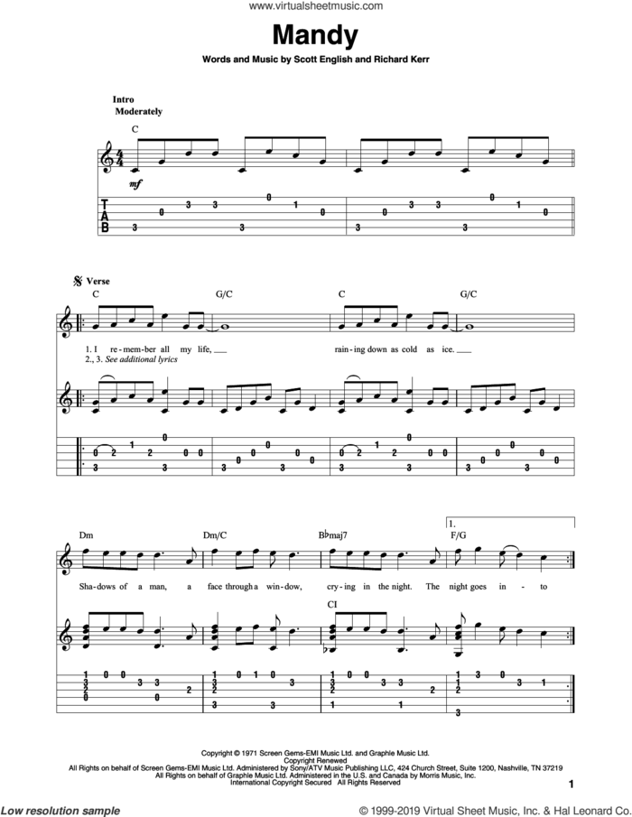Mandy sheet music for guitar solo by Barry Manilow, Richard Kerr and Scott English, intermediate skill level
