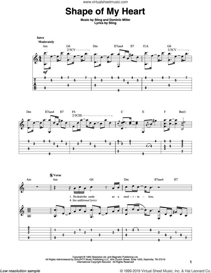 Shape Of My Heart sheet music for guitar solo by Sting and Dominic Miller, intermediate skill level