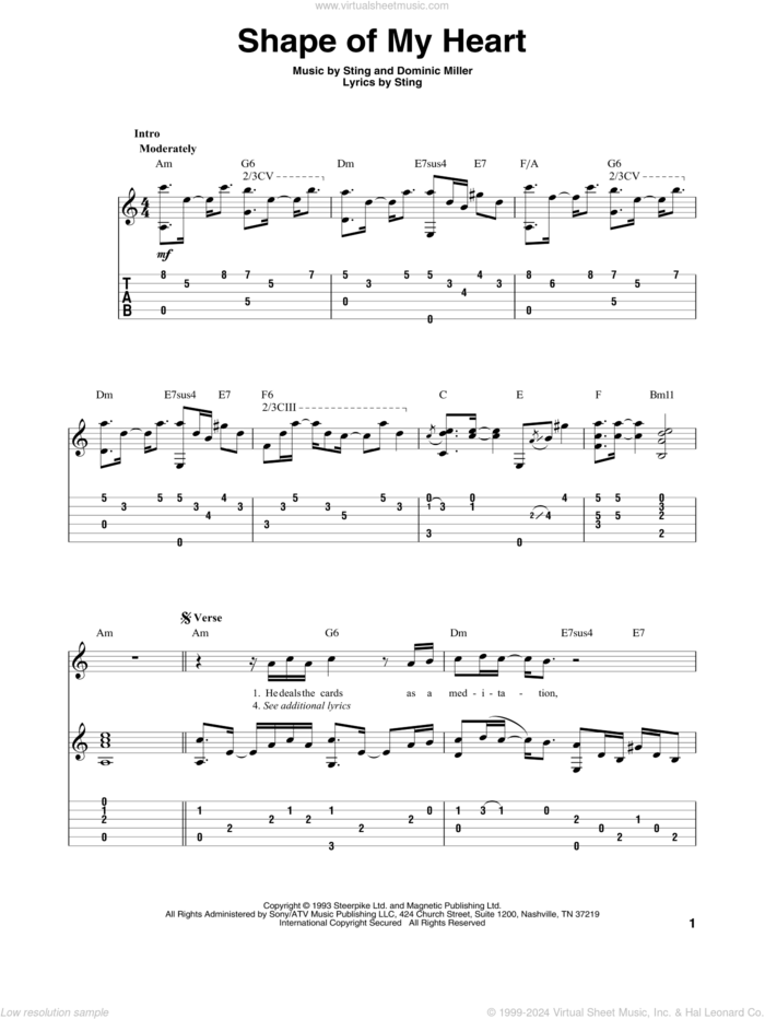 Shape Of My Heart sheet music for guitar solo by Sting and Dominic Miller, intermediate skill level