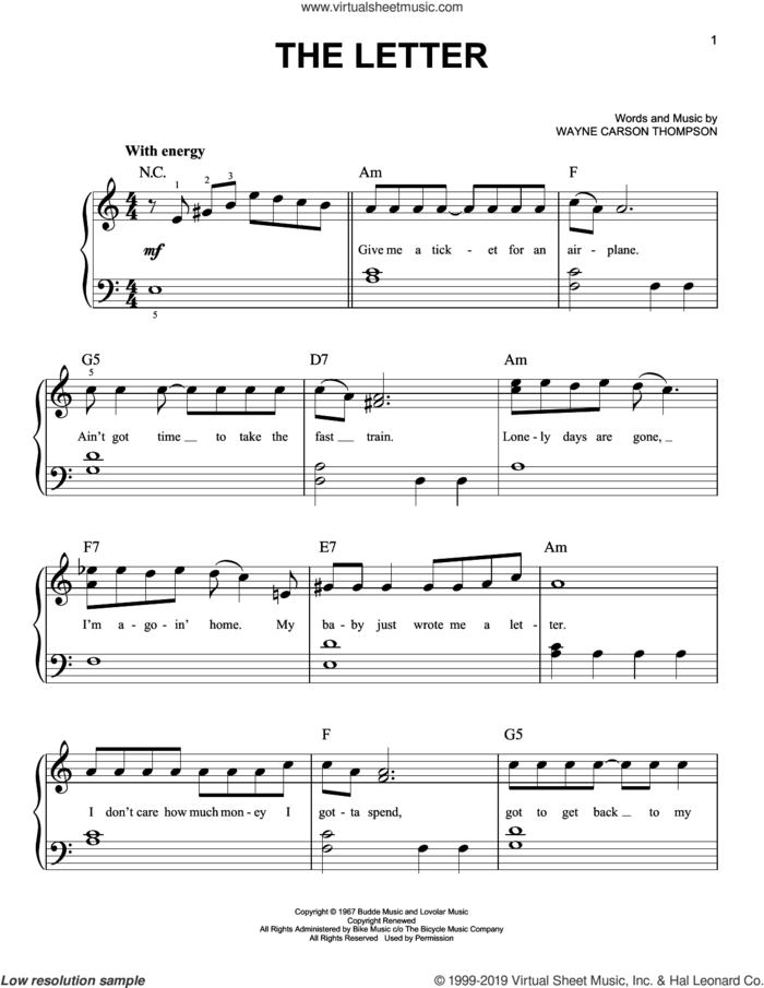 The Letter sheet music for piano solo by Box Tops and Wayne Carson Thompson, easy skill level