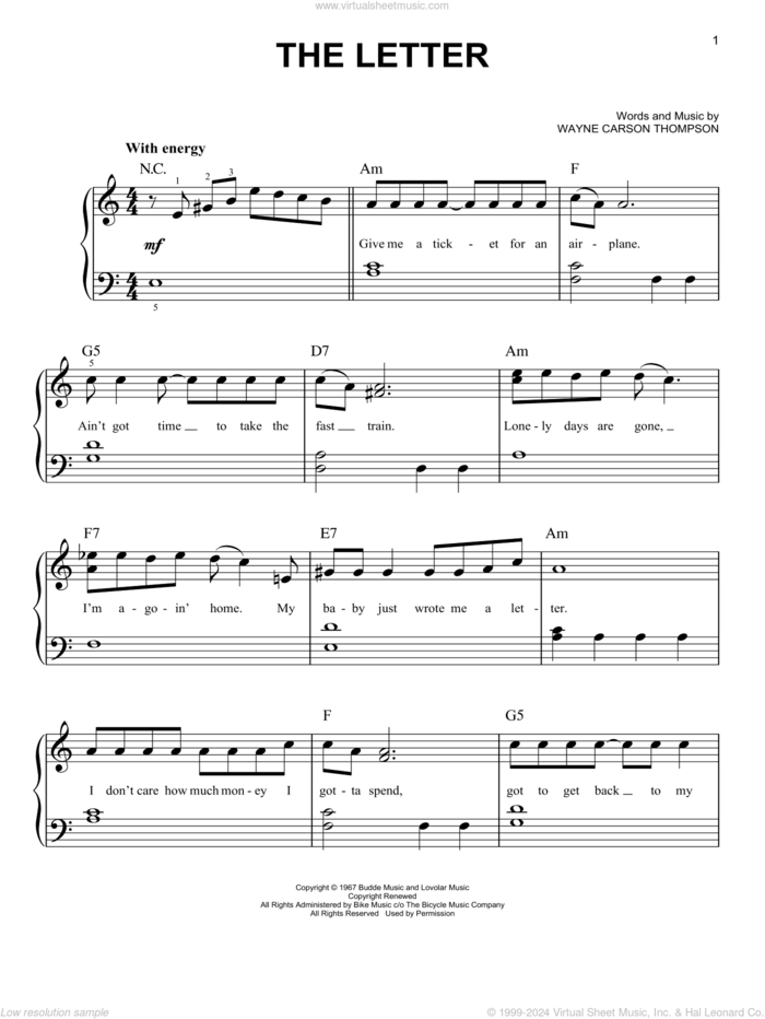 The Letter sheet music for piano solo by Box Tops and Wayne Carson Thompson, easy skill level