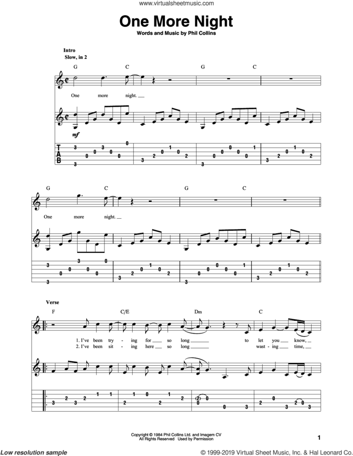One More Night sheet music for guitar solo by Phil Collins, intermediate skill level