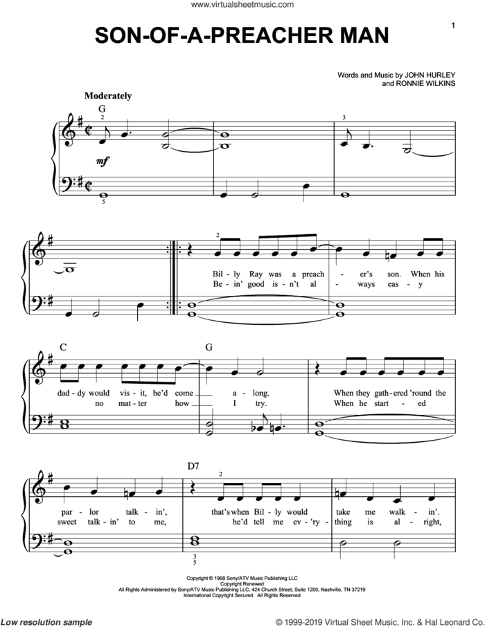 Son-Of-A-Preacher Man sheet music for piano solo by Dusty Springfield, John Hurley and Ronnie Wilkins, easy skill level