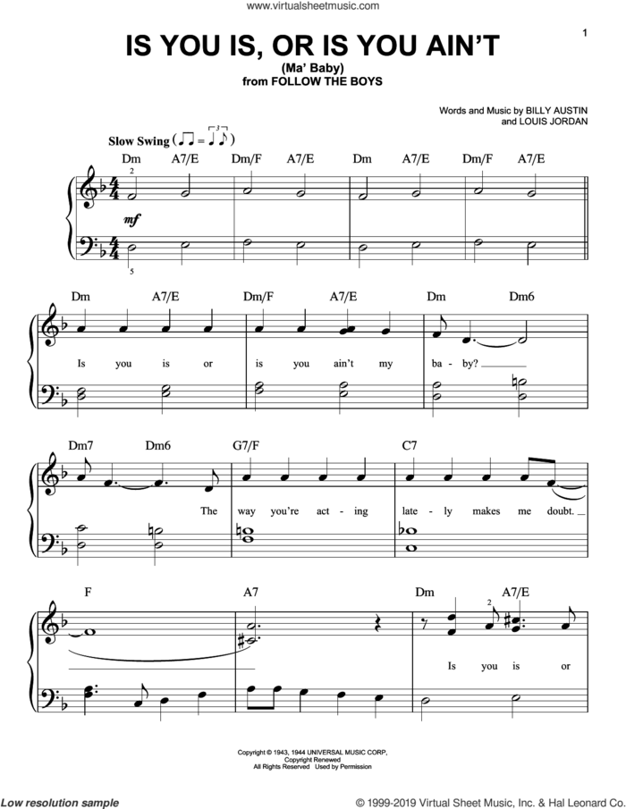 Is You Is, Or Is You Ain't (Ma' Baby) sheet music for piano solo by Louis Jordan and Billy Austin, easy skill level
