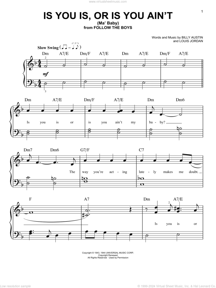 Is You Is, Or Is You Ain't (Ma' Baby) sheet music for piano solo by Louis Jordan and Billy Austin, easy skill level