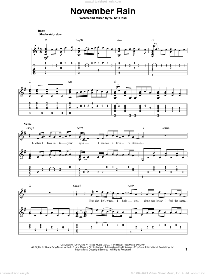 November Rain sheet music for guitar solo by Guns N' Roses and Axl Rose, intermediate skill level
