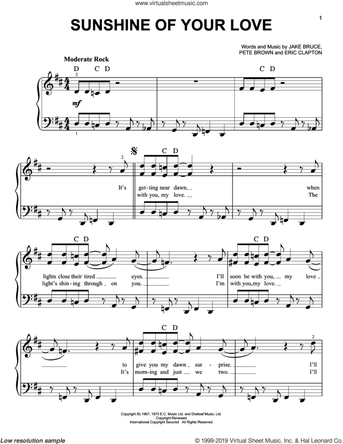 Sunshine Of Your Love sheet music for piano solo by Cream, Eric Clapton, Jack Bruce and Pete Brown, easy skill level