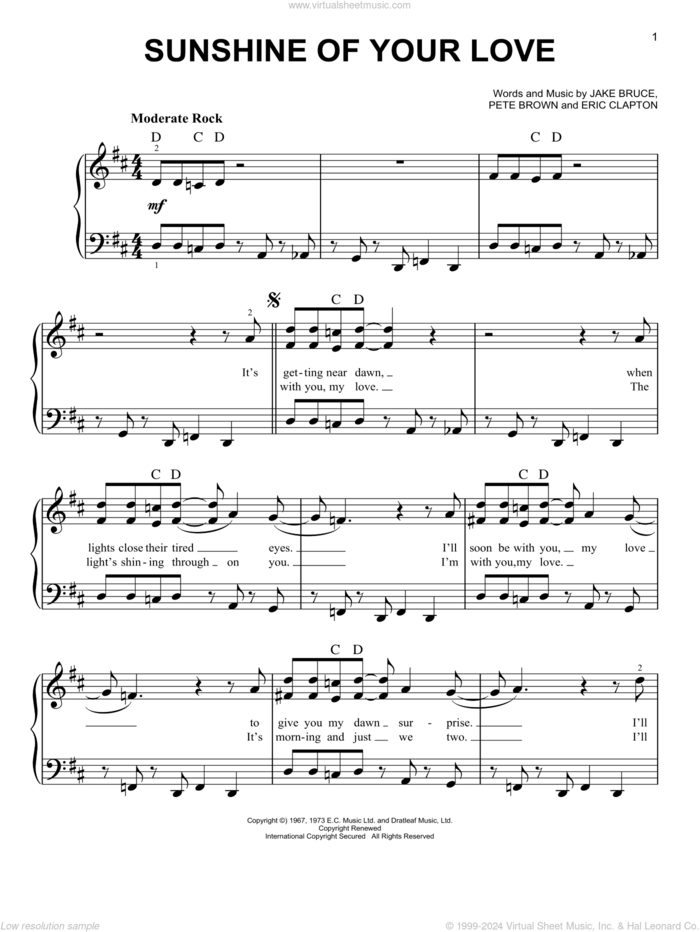 Sunshine Of Your Love sheet music for piano solo by Cream, Eric Clapton, Jack Bruce and Pete Brown, easy skill level