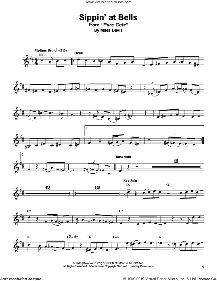 Sippin' At Bells sheet music for alto saxophone (transcription) by Stan Getz and Miles Davis, intermediate skill level
