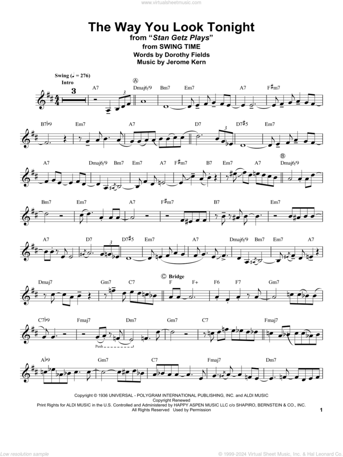 The Way You Look Tonight (from Swing Time) sheet music for alto saxophone (transcription) by Stan Getz, Dorothy Fields and Jerome Kern, wedding score, intermediate skill level