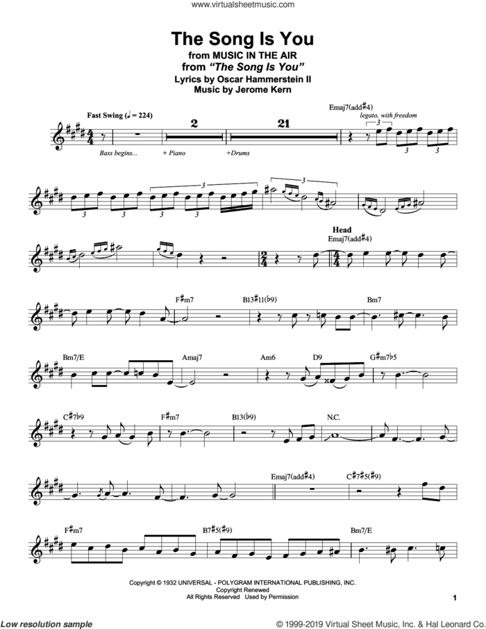 The Song Is You (from Music In The Air) sheet music for alto saxophone (transcription) by Stan Getz, Jerome Kern and Oscar II Hammerstein, intermediate skill level