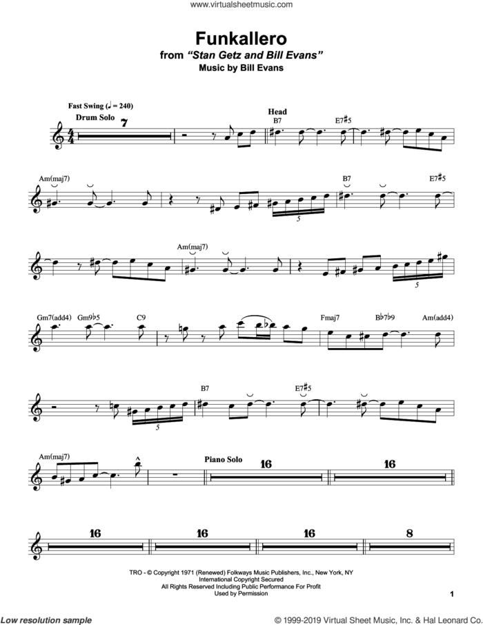 Funkallero sheet music for alto saxophone (transcription) by Stan Getz and Bill Evans, intermediate skill level