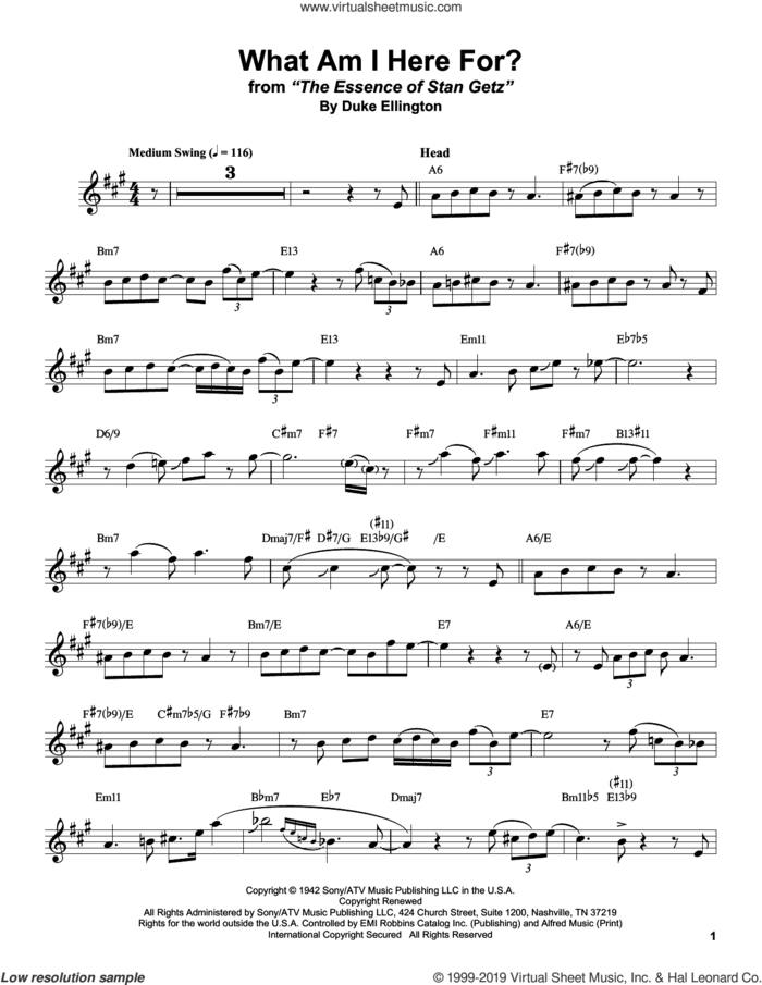 What Am I Here For? sheet music for alto saxophone (transcription) by Stan Getz and Duke Ellington, intermediate skill level