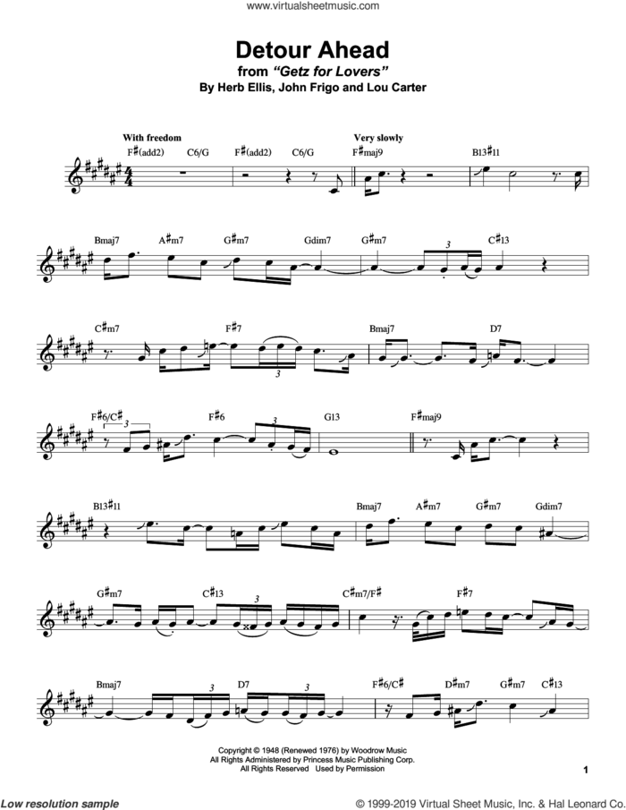 Detour Ahead sheet music for alto saxophone (transcription) by Stan Getz, Herb Ellis, John Frigo and Lou Carter, classical score, intermediate skill level