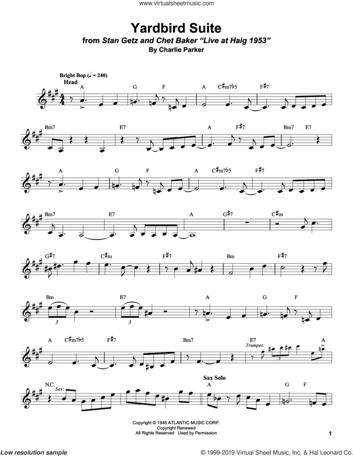 Yardbird Suite sheet music for alto saxophone (transcription) by Stan Getz and Charlie Parker, intermediate skill level