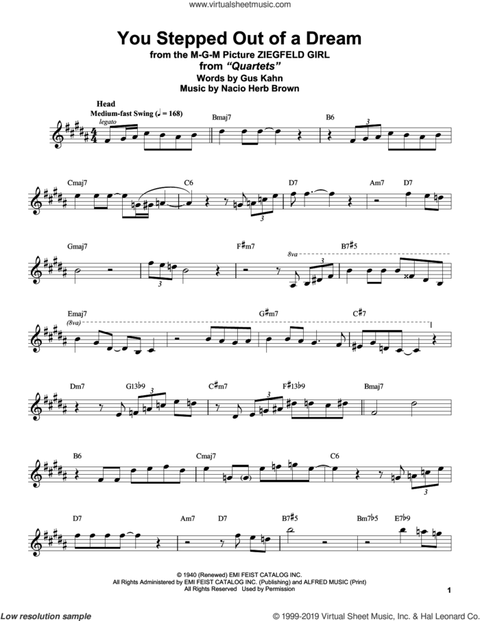 You Stepped Out Of A Dream (from Ziegfeld Girl) sheet music for alto saxophone (transcription) by Stan Getz, Gus Kahn and Nacio Herb Brown, intermediate skill level