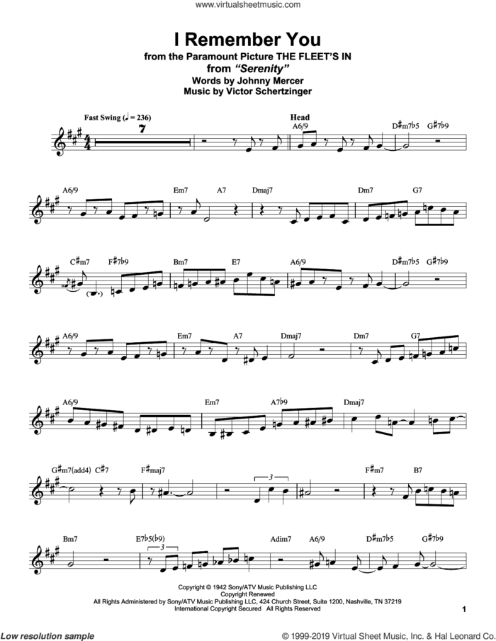 I Remember You (from The Fleet's In) sheet music for alto saxophone (transcription) by Stan Getz, Johnny Mercer and Victor Schertzinger, intermediate skill level