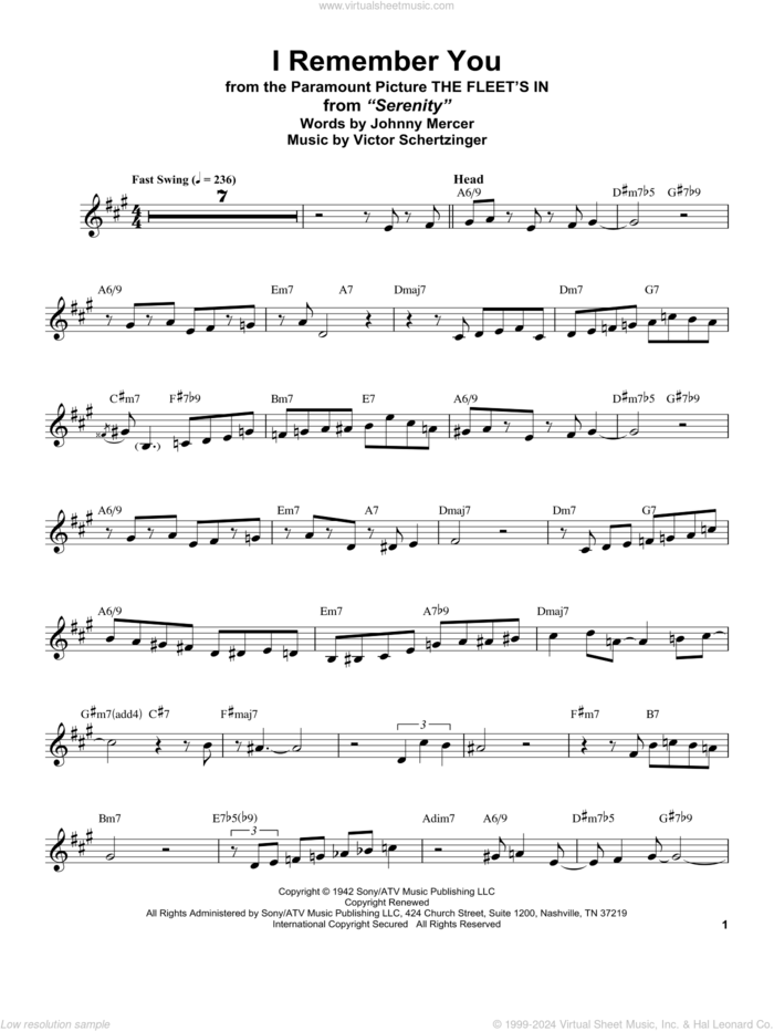 I Remember You (from The Fleet's In) sheet music for alto saxophone (transcription) by Stan Getz, Johnny Mercer and Victor Schertzinger, intermediate skill level