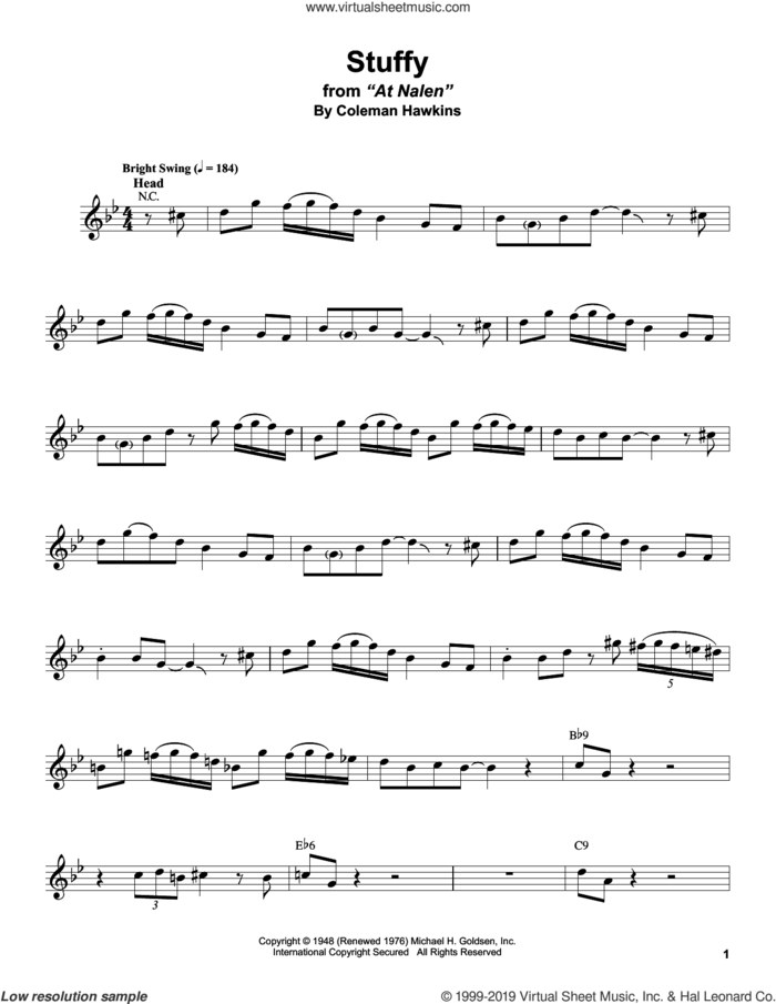 Stuffy sheet music for alto saxophone (transcription) by Stan Getz and Coleman Hawkins, intermediate skill level