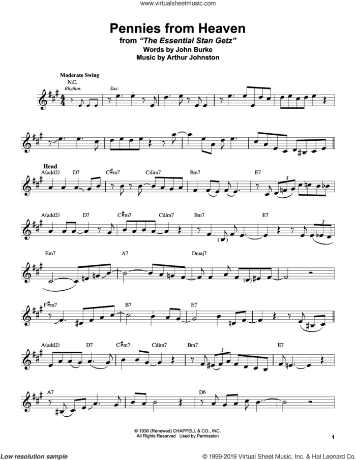 Pennies From Heaven sheet music for alto saxophone (transcription) by Stan Getz, Arthur Johnston and John Burke, intermediate skill level