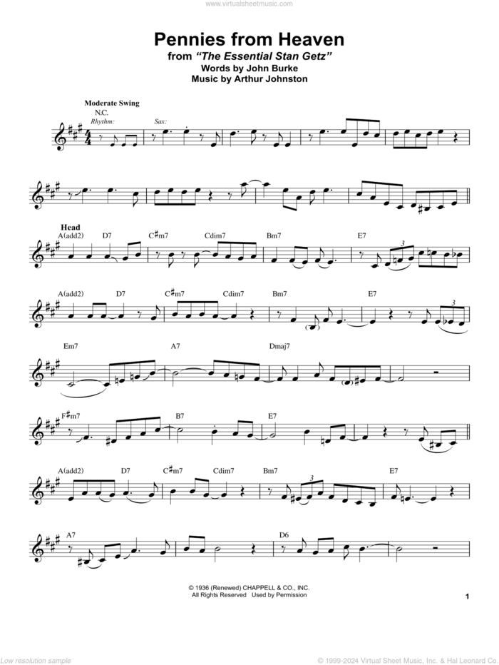 Pennies From Heaven sheet music for alto saxophone (transcription) by Stan Getz, Arthur Johnston and John Burke, intermediate skill level