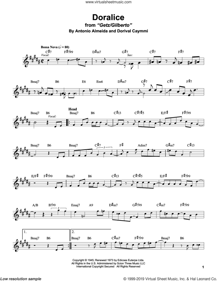 Doralice sheet music for alto saxophone (transcription) by Stan Getz, Antonio Almeida and Dorival Caymmi, intermediate skill level