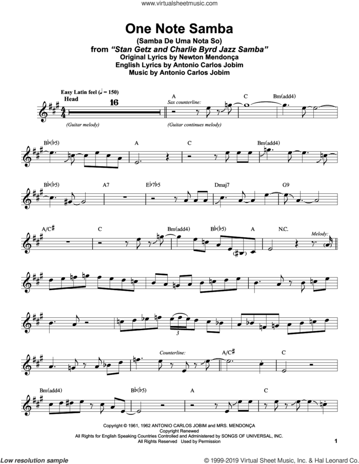 One Note Samba (Samba De Uma Nota So) sheet music for alto saxophone (transcription) by Stan Getz, Antonio Carlos Jobim and Newton Mendonca, intermediate skill level