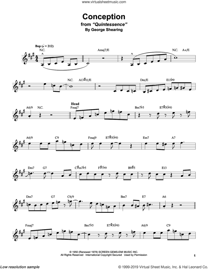 Conception sheet music for alto saxophone (transcription) by Stan Getz and George Shearing, intermediate skill level