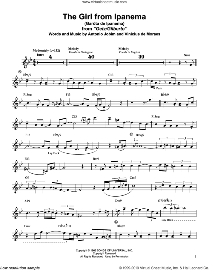 Garota De Ipanema sheet music for alto saxophone (transcription) by Stan Getz, Antonio Jobim and Vinicius de Moraes, intermediate skill level