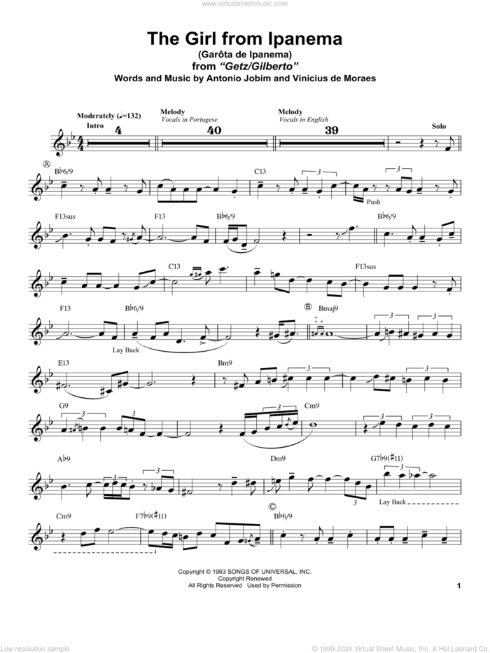 Garota De Ipanema sheet music for alto saxophone (transcription) by Stan Getz, Antonio Jobim and Vinicius de Moraes, intermediate skill level