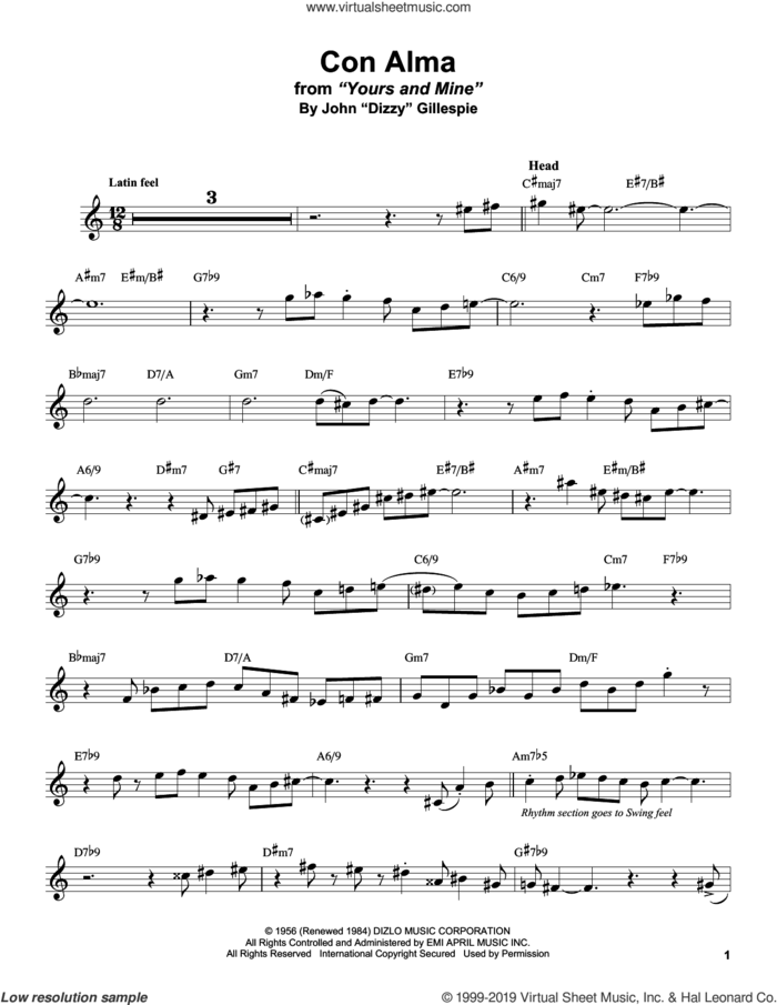 Con Alma sheet music for alto saxophone (transcription) by Stan Getz and Dizzy Gillespie, intermediate skill level