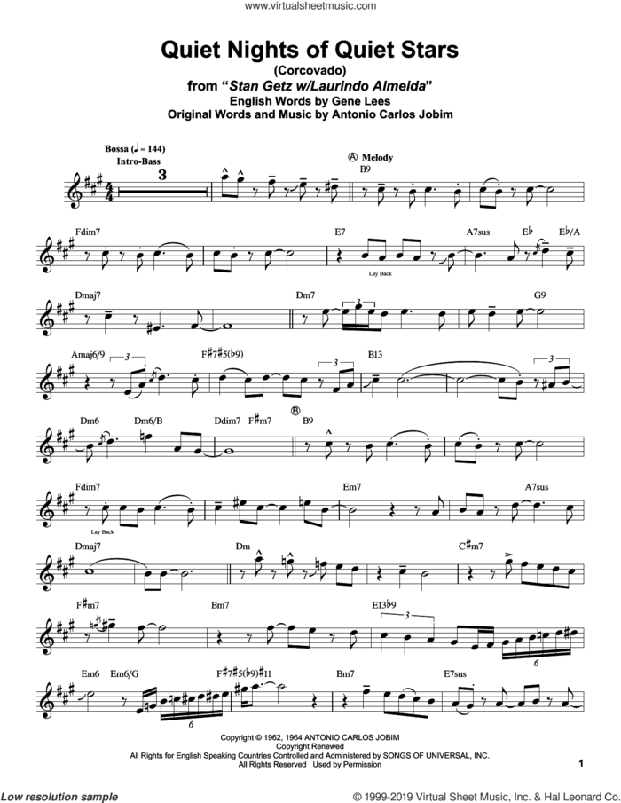 Quiet Nights Of Quiet Stars (Corcovado) sheet music for alto saxophone (transcription) by Stan Getz, Antonio Carlos Jobim and Eugene John Lees, intermediate skill level