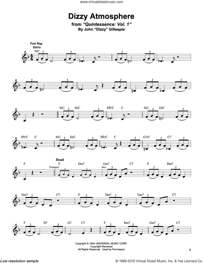 Dizzy Atmosphere sheet music for alto saxophone (transcription) by Stan Getz and Dizzy Gillespie, intermediate skill level