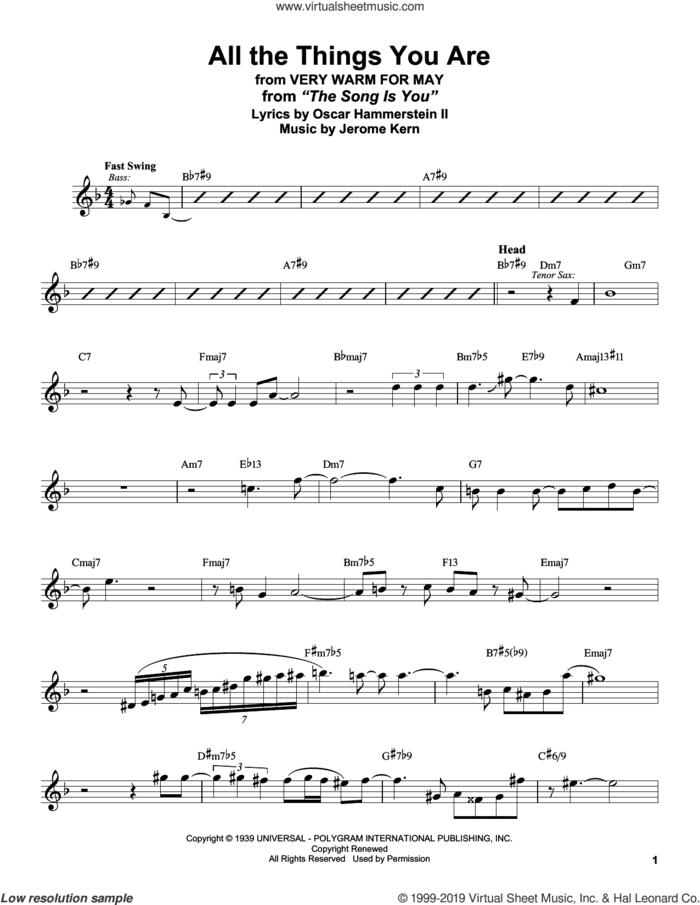 All The Things You Are (from Very Warm For May) sheet music for alto saxophone (transcription) by Stan Getz, Jerome Kern and Oscar II Hammerstein, intermediate skill level