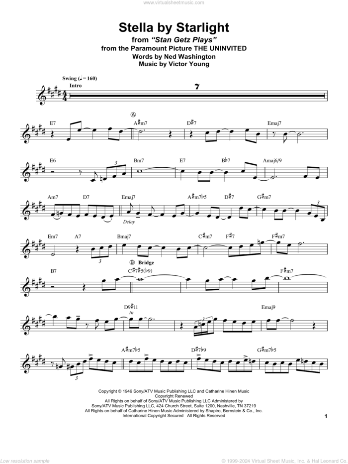 Stella By Starlight (from The Uninvited) sheet music for alto saxophone (transcription) by Stan Getz, Ned Washington and Victor Young, intermediate skill level