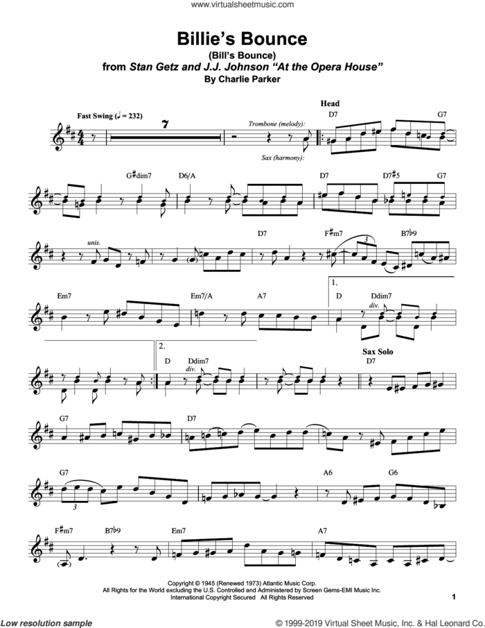 Billie's Bounce (Bill's Bounce) sheet music for alto saxophone (transcription) by Stan Getz and Charlie Parker, intermediate skill level