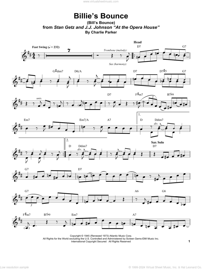 Billie's Bounce (Bill's Bounce) sheet music for alto saxophone (transcription) by Stan Getz and Charlie Parker, intermediate skill level