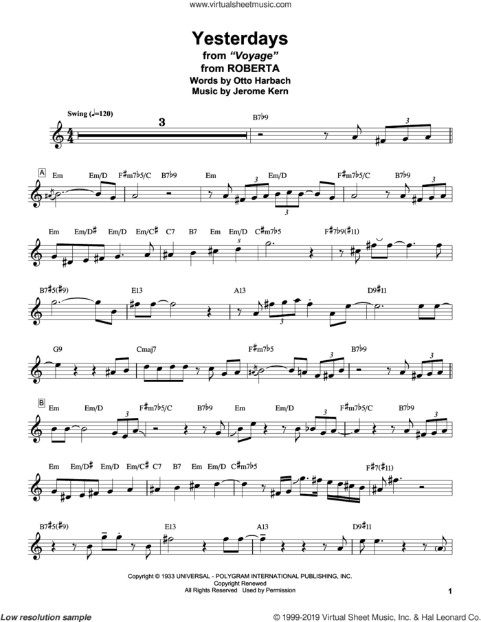 Yesterdays (from Roberta) sheet music for tenor saxophone solo (transcription) by Stan Getz, Jerome Kern and Otto Harbach, intermediate tenor saxophone (transcription)
