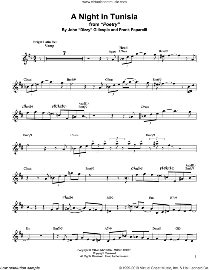A Night In Tunisia sheet music for alto saxophone (transcription) by Stan Getz, Dizzy Gillespie and Frank Paparelli, intermediate skill level